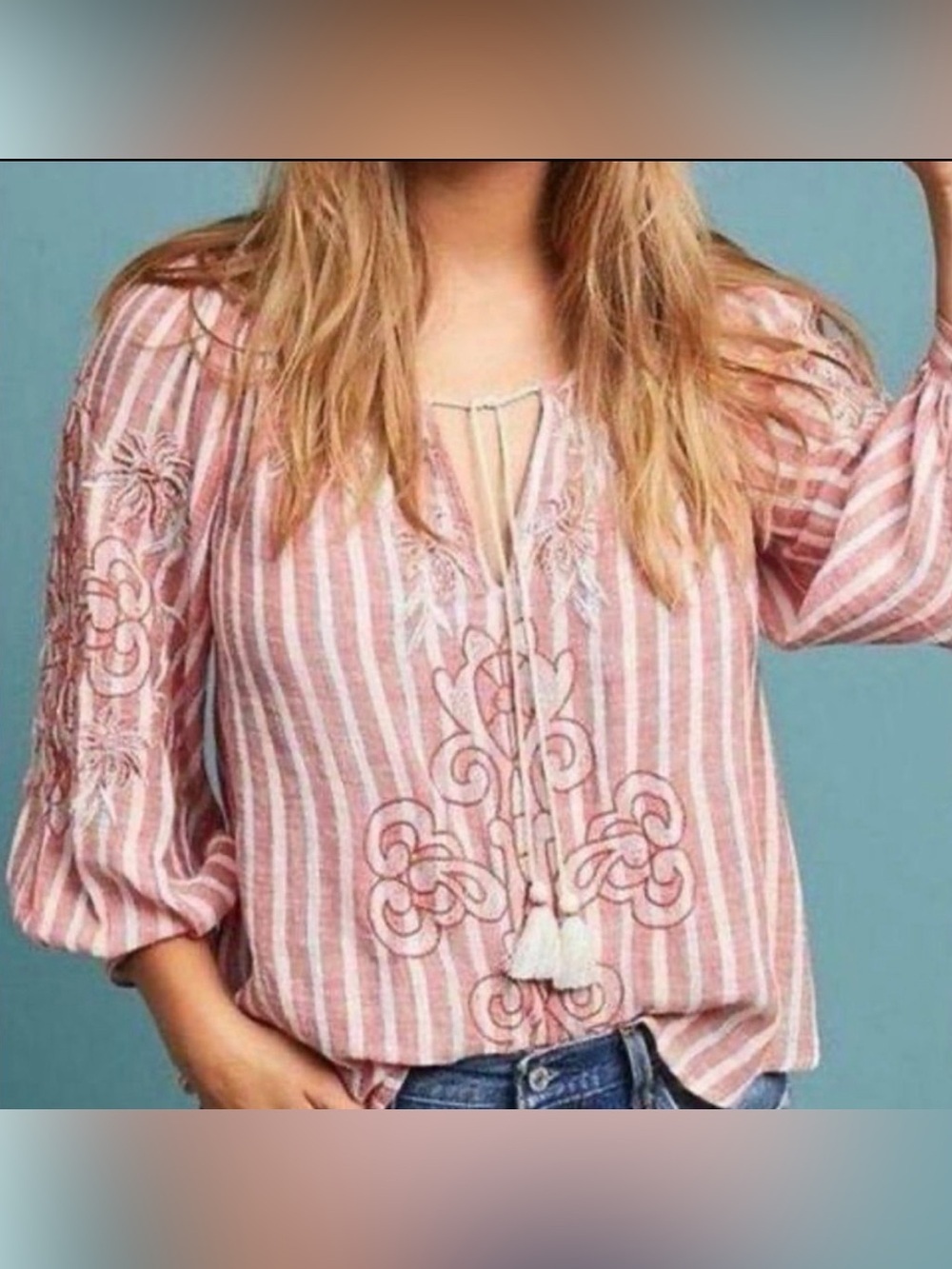 Anthro Linen Akemi + Kin Audria Embroidered red Striped peasant Top Size XL